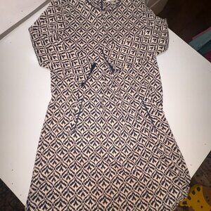 Tyler Boe Crew Neck Dress Medium Navy Ivory Ikat Print Pockets Stretch Comfort